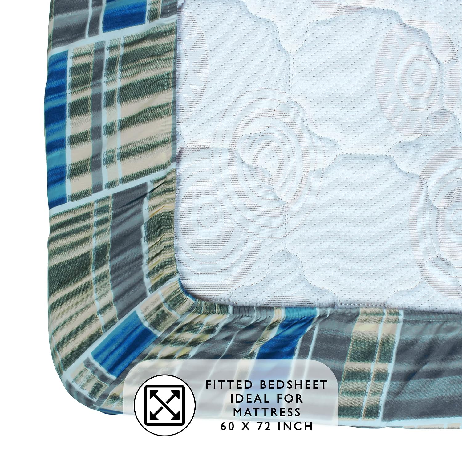 Elastic Fitted Queen Size Bedsheet With 2 King Size Pillow Covers - 60 X 72 Inches, Grey & Blue | Ideal For House, Hotel, Guest Room