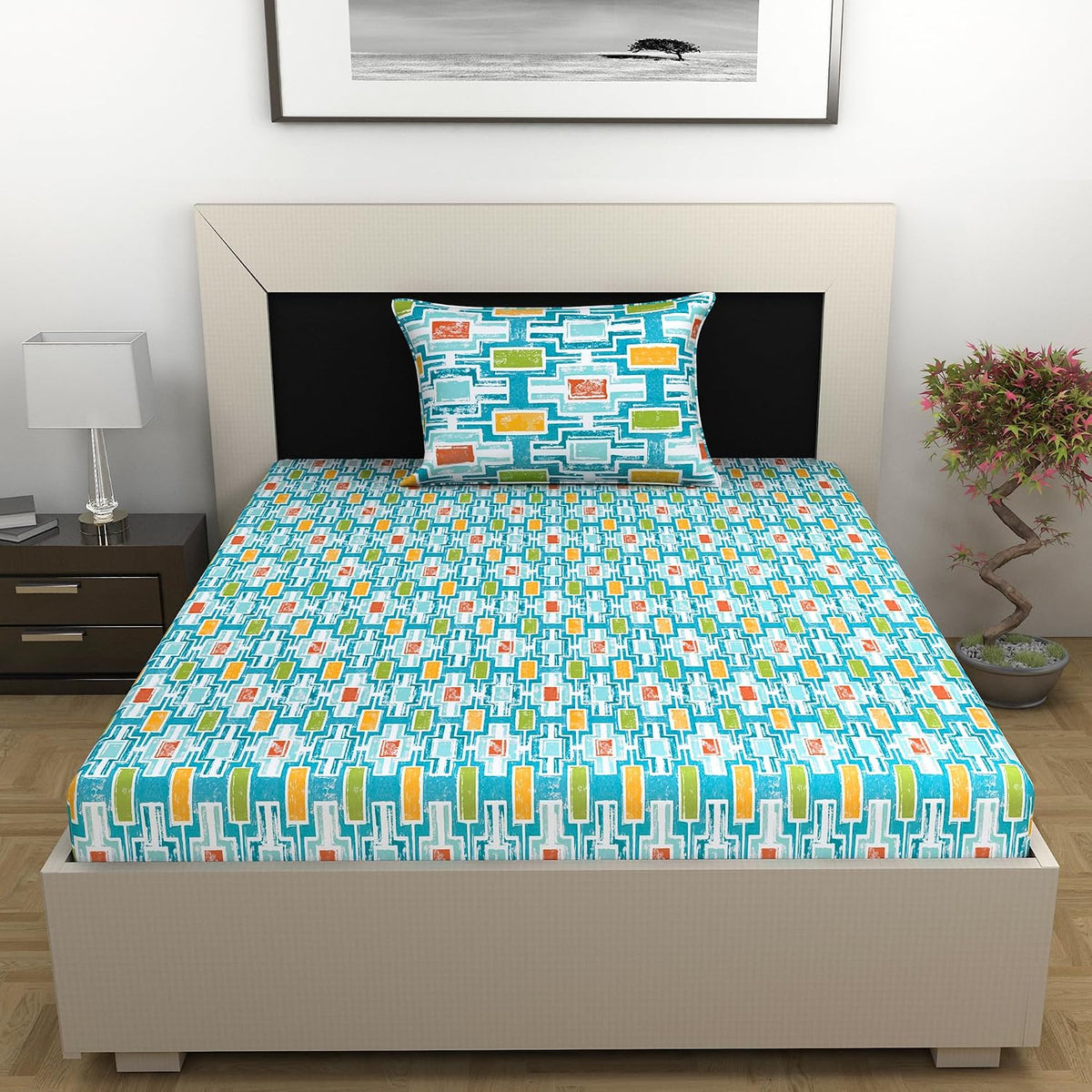 Single Bedsheet With 1 Pillow Cover - 57 X 87 Inches, Multicolor | Designer Printed Bedsheet Set - Naturally Soft, Breathable & Skin Friendly