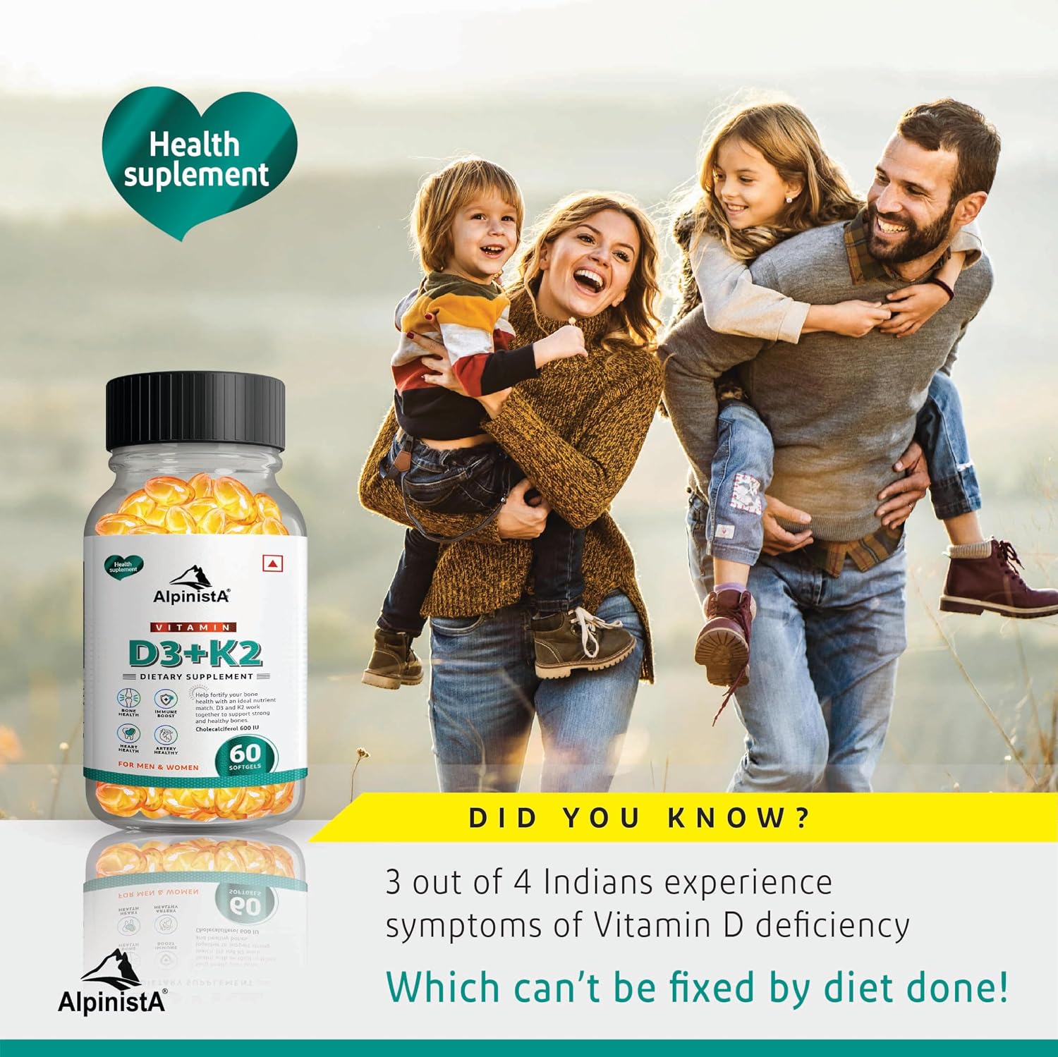 Alpinista Vitamin D3 + K2 Mk7 Menaquinone Supplement , Bone Health & Immune Support | Promotes Calcium Absorption, Muscle Strength , For Men And Women | 60 Capsules , 100gm 0.2lbs , Each Pack Of 2