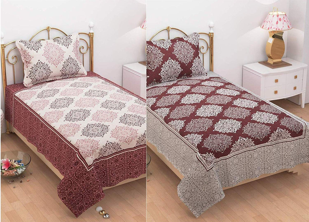 1 Single Bedsheet With 1 Large Pillow Cover - Size - 60 X 100 Inches, Maroon | Designer Printed Bedsheet Set - Naturally Soft, Breathable, & Skin Friendly
