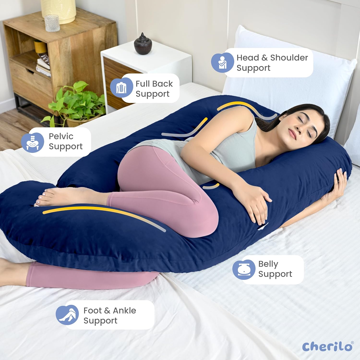 Full Body G Shape Pregnancy Pillow For Pregnant Women & Nursing Mom, Navy Blue | Single Pillow For Multipurpose Use During Maternity | Premium Velvet Outer Cover With Zip, Adjustable