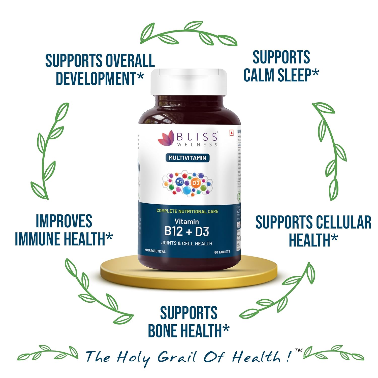 Bliss Welness Vitabliss B12+ D3 Multivitamin , Bone Health Support , Heart Health Support | 60 Tablets , 100gm 0.2 Lbs