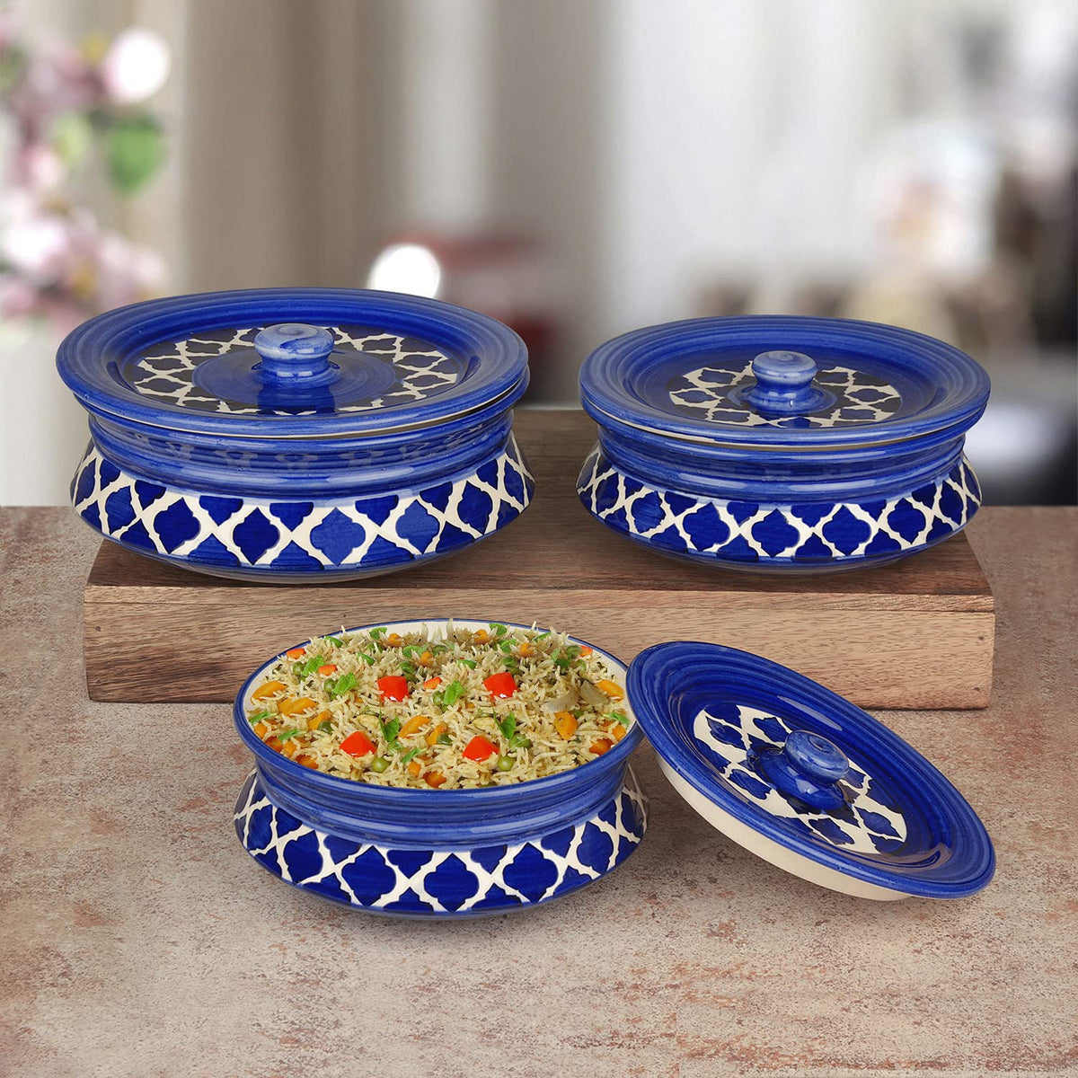 Hand Painted Ceramic Handi With Lid Set Of 3 - Blue & White | Dinner Serving Bowls - Biryani Handis, Serving Pots - 1200ml, 800ml, 600ml