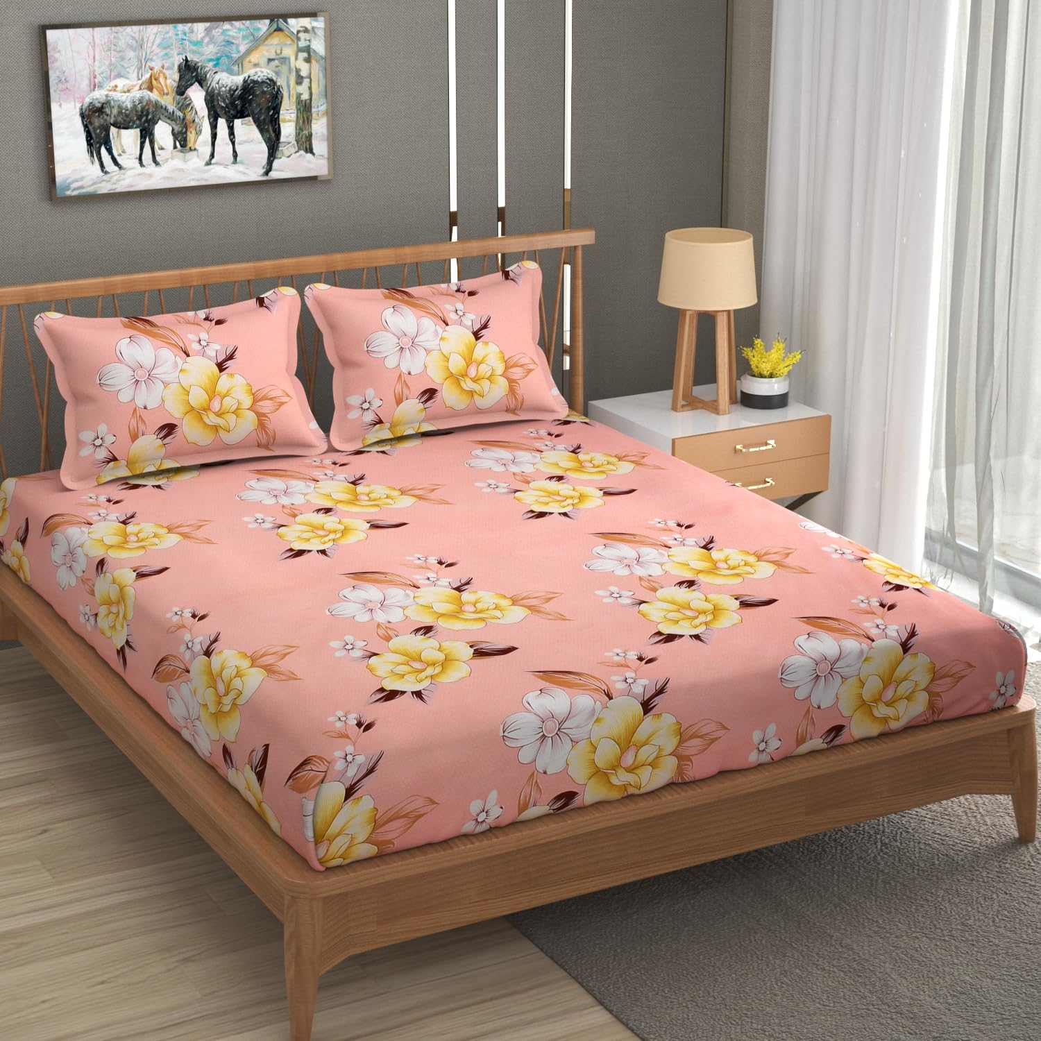 Premium Heavy Cotton Elastic Fitted King Size Bedsheet With 2 Pillow Covers - 72 X 78 X 10 Inches, Baby Pink | All Weather Comfort & Bedroom - Softness & Natural Breathability