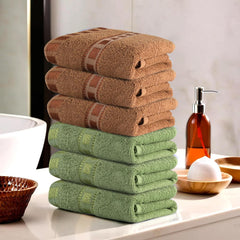 Heart Home Cotton Hand & Face Towels 1200 Gsm | For Men & Women Easily Washable Workout Gym Towel - Green & Golden (Pack Of 6)