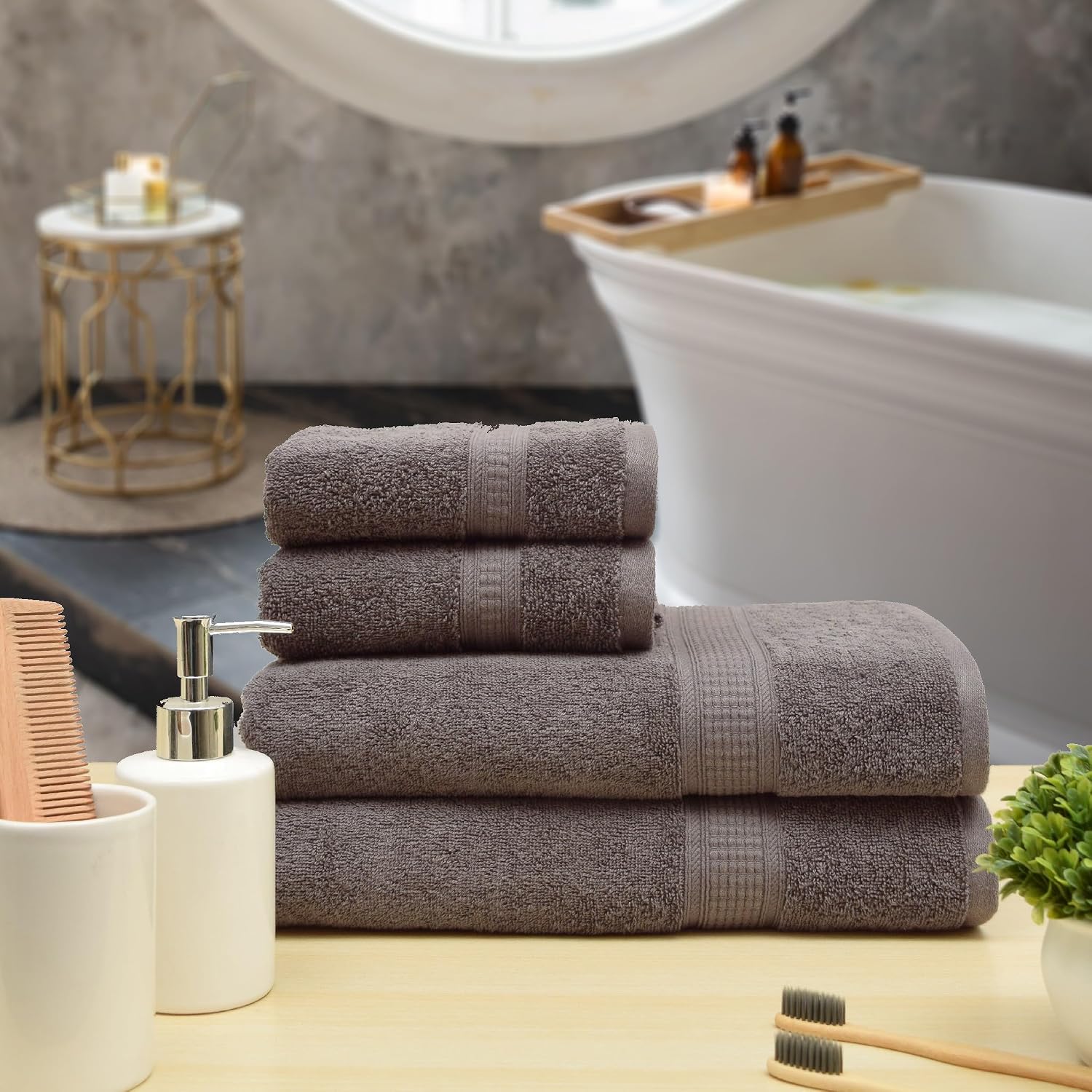 Rangoli 100% Cotton Fibre 2 Bath & 2 Hand Towel 1400 Gsm | Highly Durable & Super Absorbent Towel | Skin-Friendly & Quick Drying Luxury Towels (Ash Brown) - Pack Of 4