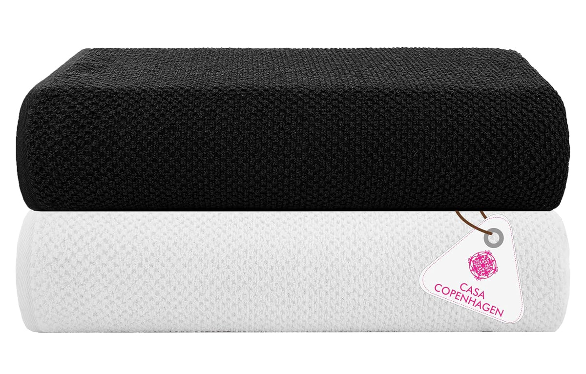 Casa Copenhagen Designed In Denmark Popcorn Super Soft 2 Pieces 100% Cotton Large Bath Towel 525 Gsm - Black & White