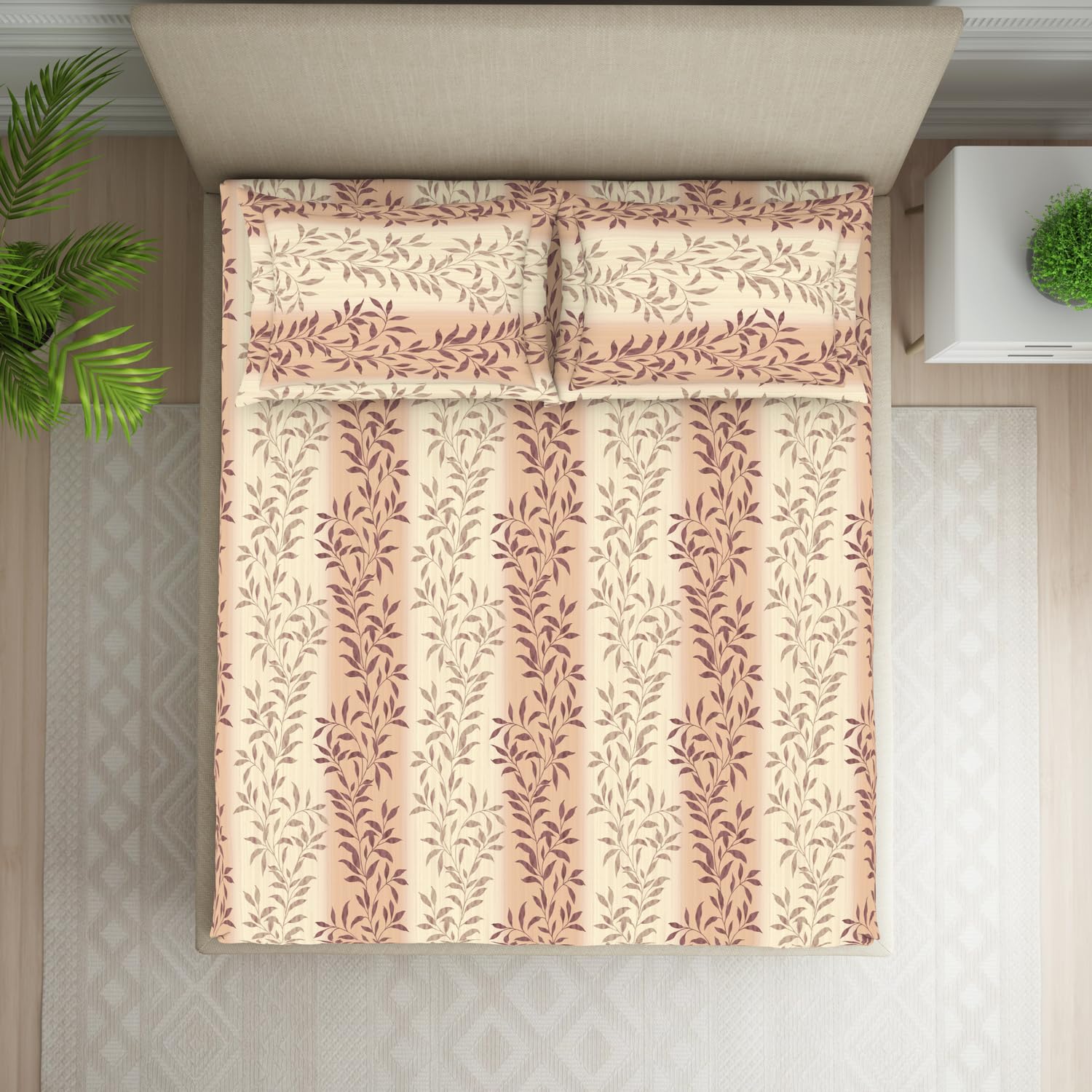 Double Bedsheet For Queen Size 2 Matching Pillow Cover - 88 X 100 Inches, Light Brown & Beige | Durable & Long Lasting Wrinkle Resistant Fabric - Skin Safe & Super Soft