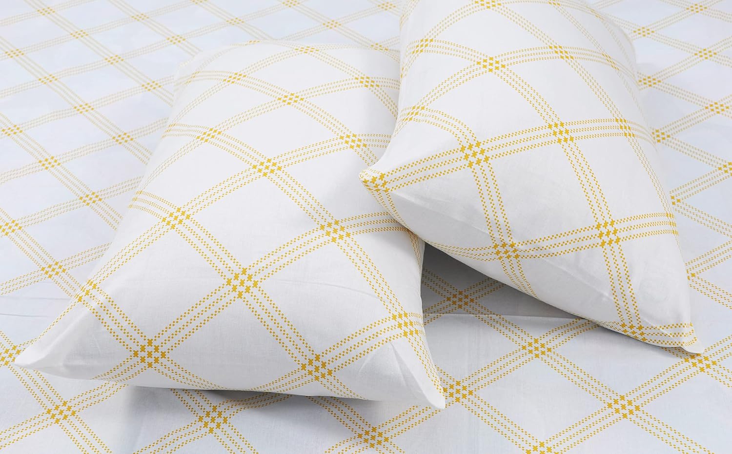 Premium Cotton Bedsheet For Double Bed King Size With 2 Pillow Covers - (108 X 108 Inches) White (Yellow Pattern) | Ideal For All Season Comfortable Bedsheet