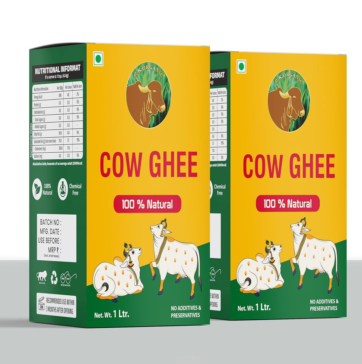 Organic Desi Cow Ghee By R. K. Organic | Good Source Of Vitamin A, Delicious, Healthy & Nutritious Homemade Desi Ghee | 2 Litre (1 Litr * 2) 67.6 Ounce | Box Pack
