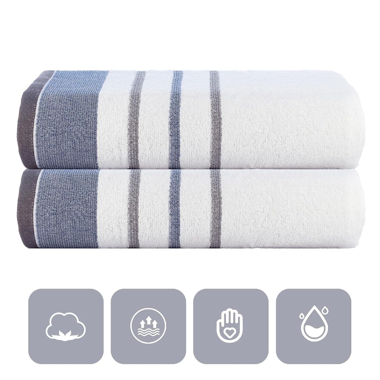 Casa Copenhagen Designed In Denmark White Bay Super Soft 2 Pieces 100% Cotton Large Bath Towel 525 Gsm - Blue/Dark Grey