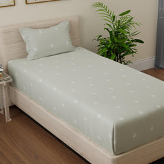 Elastic Fitted Bedsheet For Single Bed Pure Cotton With 1 Pillow Cover | 36 X 78 Inches, Sage Green & White | Lightweight, Soft, & Comfortable