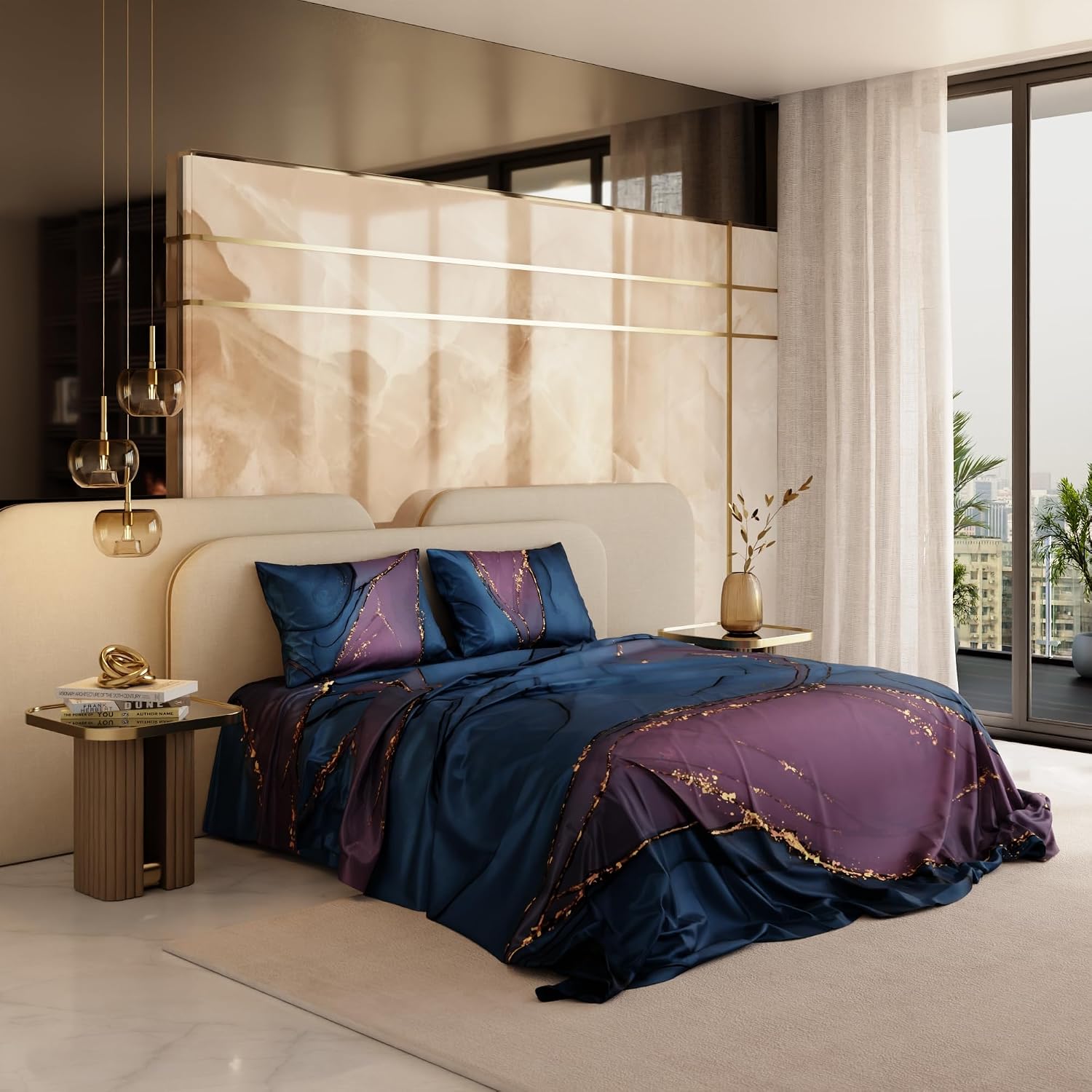 Bedsheet For Super King Size Bed With 2 Matching Pillow Cover - 108 X 108 Inches, Indigo & Purple | Ideal For Healthy Skin & Hair | 100% Premium Fabric Is Lightweight, Soft & Comfortable
