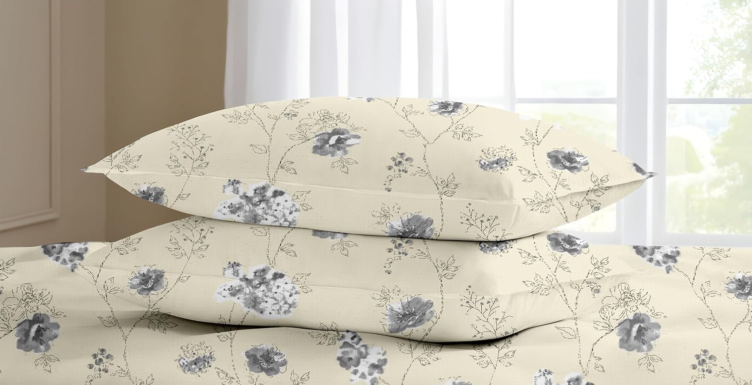King Size Fitted Bedsheet With 2 Large Pillow Covers - 108 X 108 Inches, Cream & Grey | Soft, Breathable & Durable | Wrinkle Resistant