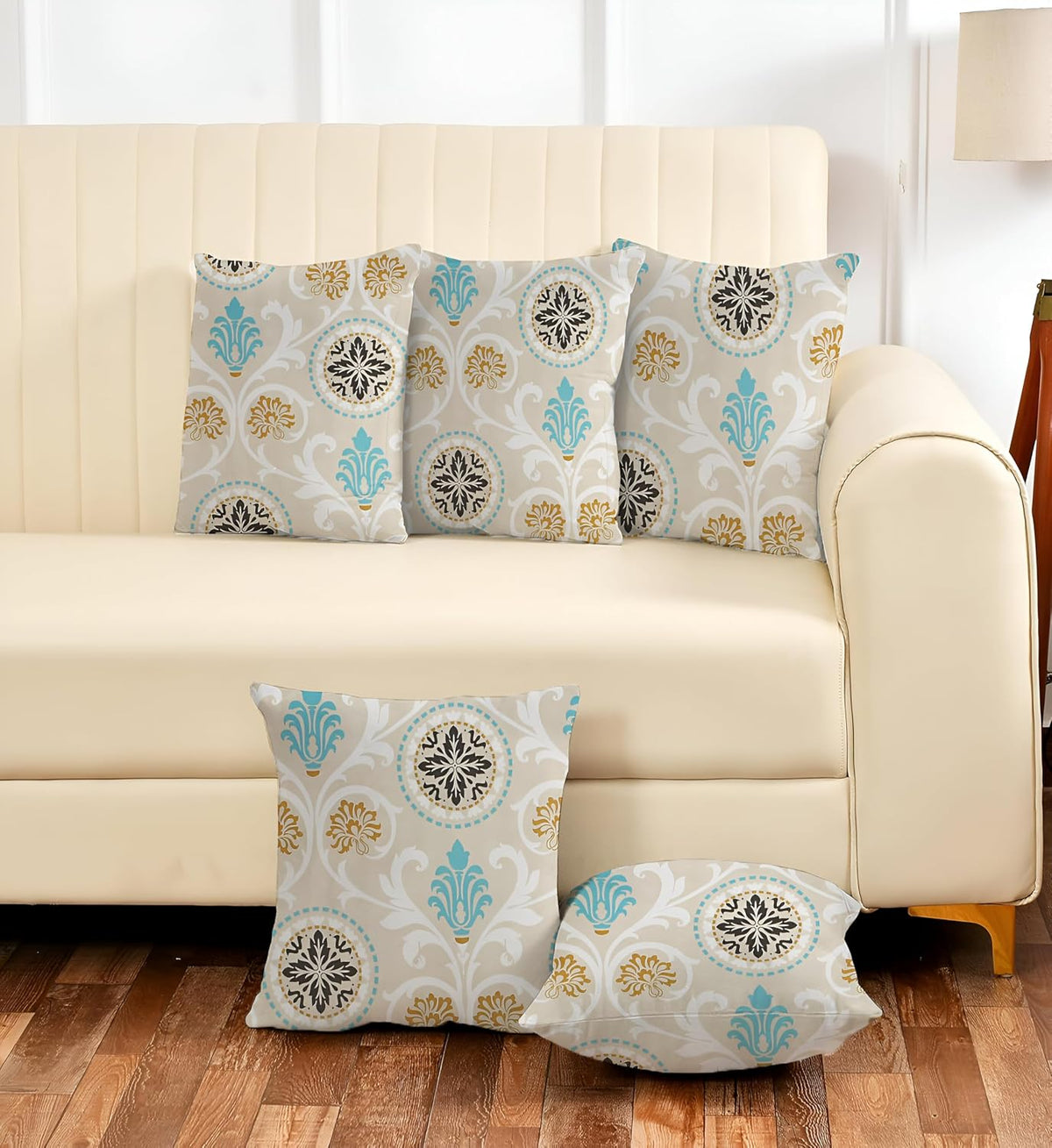 Microfiber Square Pillow Cushion For Sofa & Bed, Light Beige - 16 X 16 Inch | Damask Deign, Soft, For Comfort & Back Support | Breathable, Premium Cotton Cushion Cover With Zip - Set Of 5