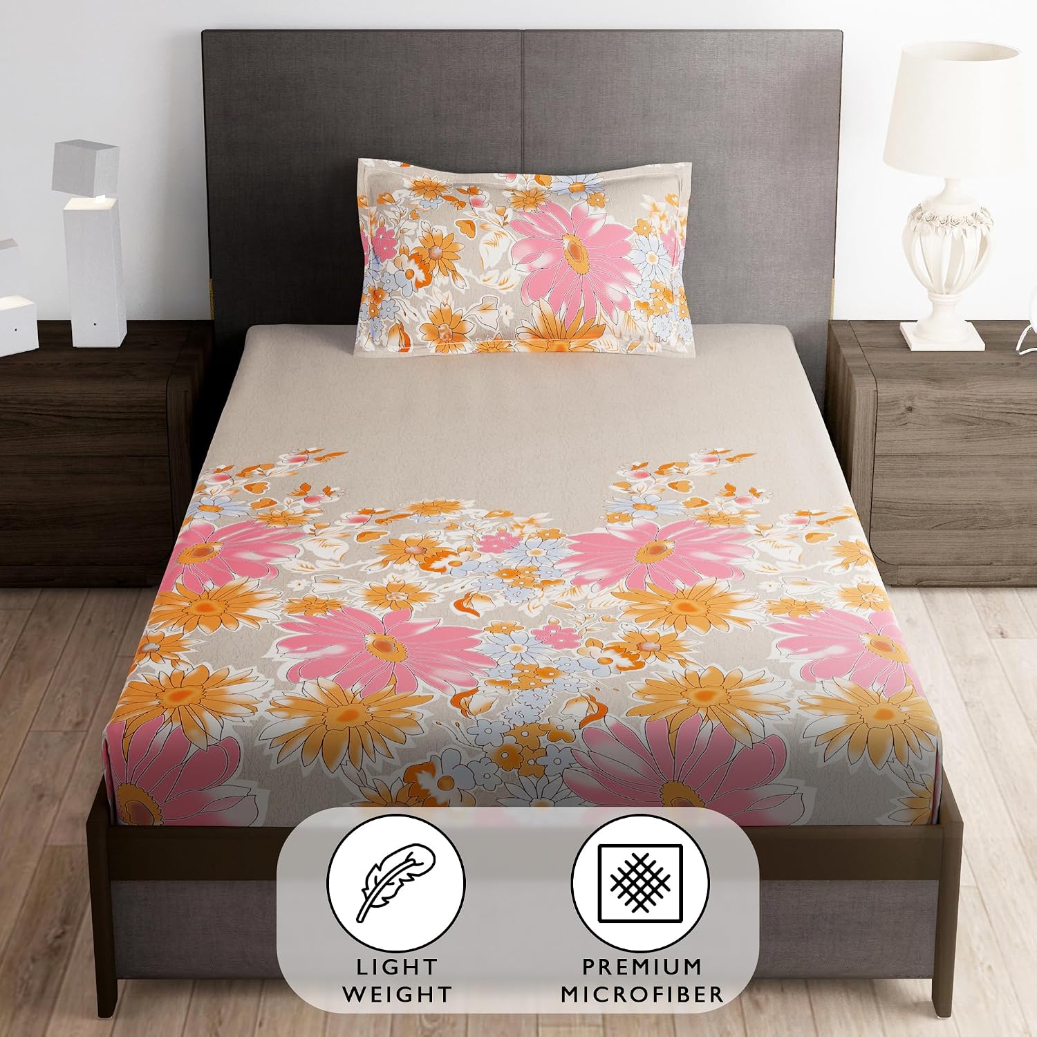 1 Piece Microfiber Bedsheet For Single Bed With 1 Pillow Cover - 57 X 88 Inches, Beige & Pink | Elegant Floral Design | Perfect For Everyday Use & Special Occasions