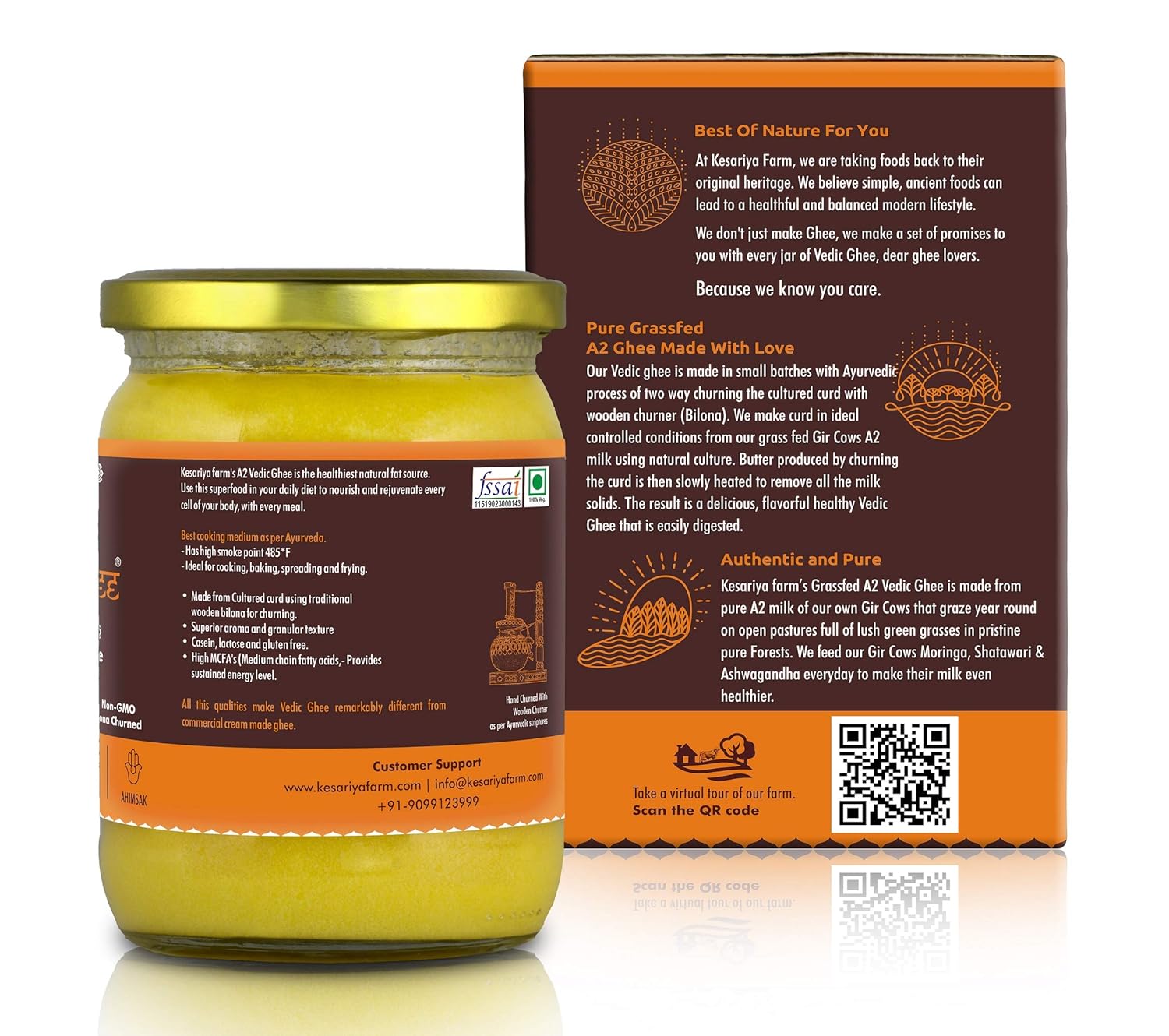 Premium A2 Gir Cow Cultured Desi Ghee From Kesariya Farm By Vedic Ghee | Bilona Two Way Churned Natural & Healthy Ghee Good For Body Health (500ml) | 16.9 Ounce | Jar Pack