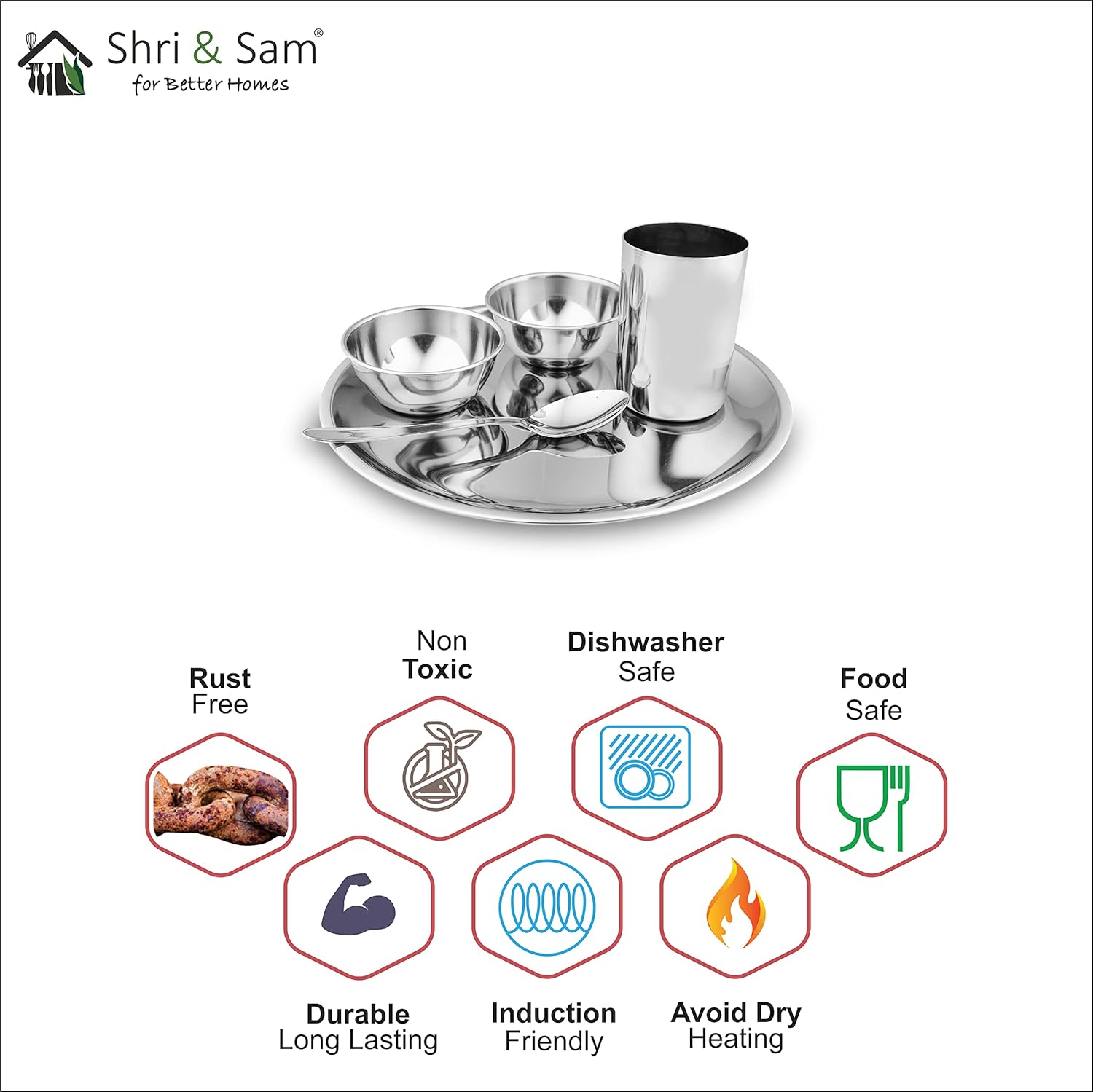 Stainless Steel Delight Solid Dinner Set Of 5 Pieces, Silver | 1 Dinner Plate+ 1 Glass+ 2 Bowls+ 1 Dessert Spoon - Easy To Clean & Dishwasher Safe
