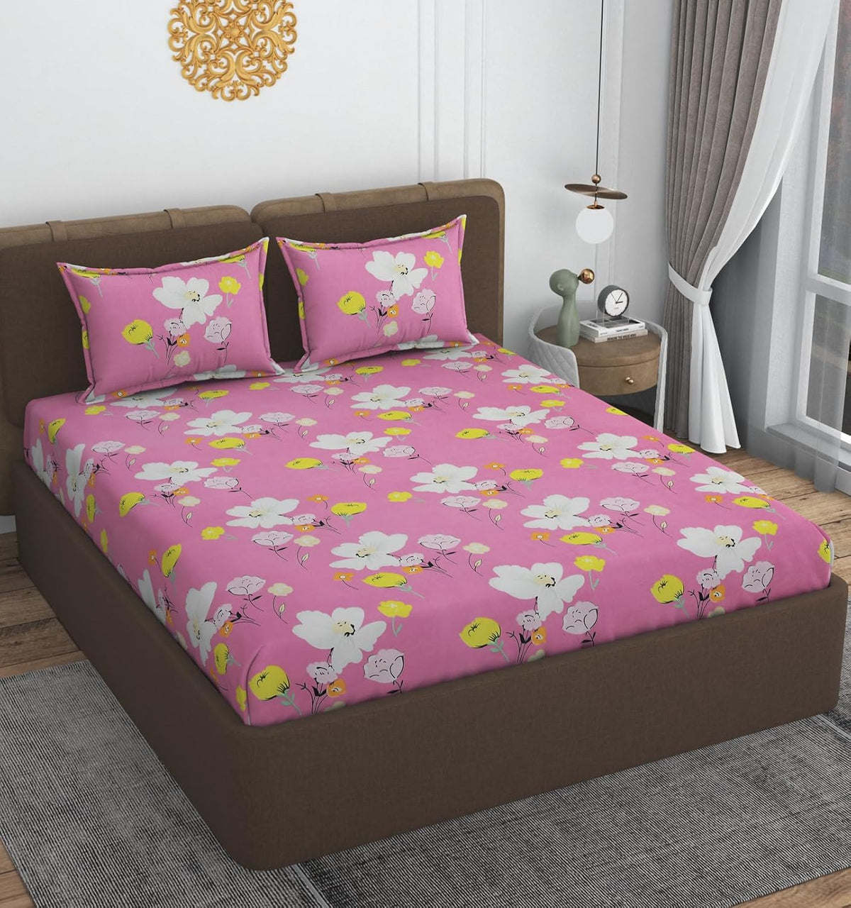 Printed Double Bedsheet With 2 Matching Pillow Covers - 72 X 78 X 10 Inches, Pink | All Around Elastic Fitted King Size Bedsheets | Ideal For Home, Hotel, Bedroom