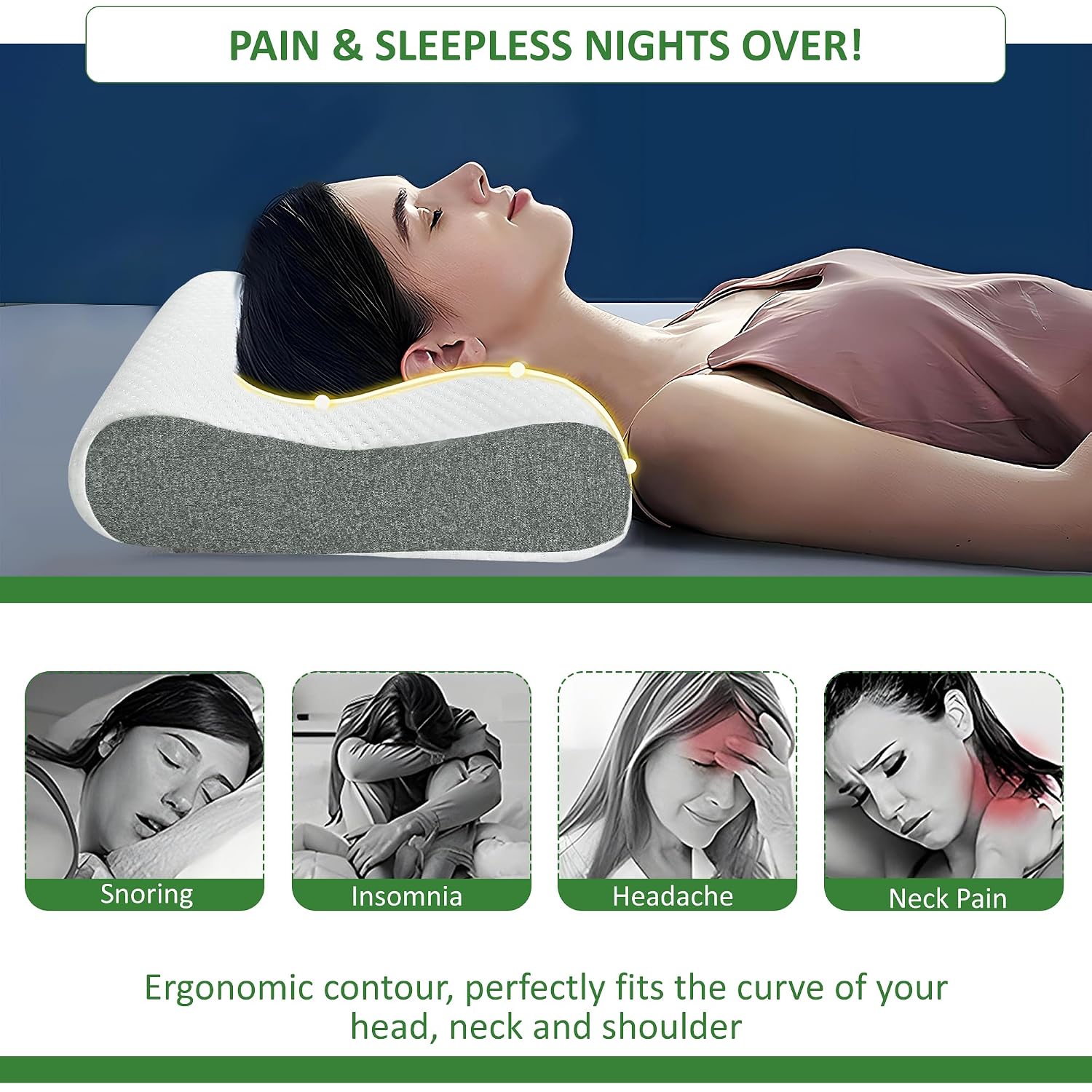 Memory Foam Cervical Pillow, For Neck Pain & Shoulder Pain - 21 X 13 X 3 Inch | Orthopedic Contour Cervical Pillow For Spondylitis Neck With Extra Curve Support & Side Back Pain - Pack Of 1