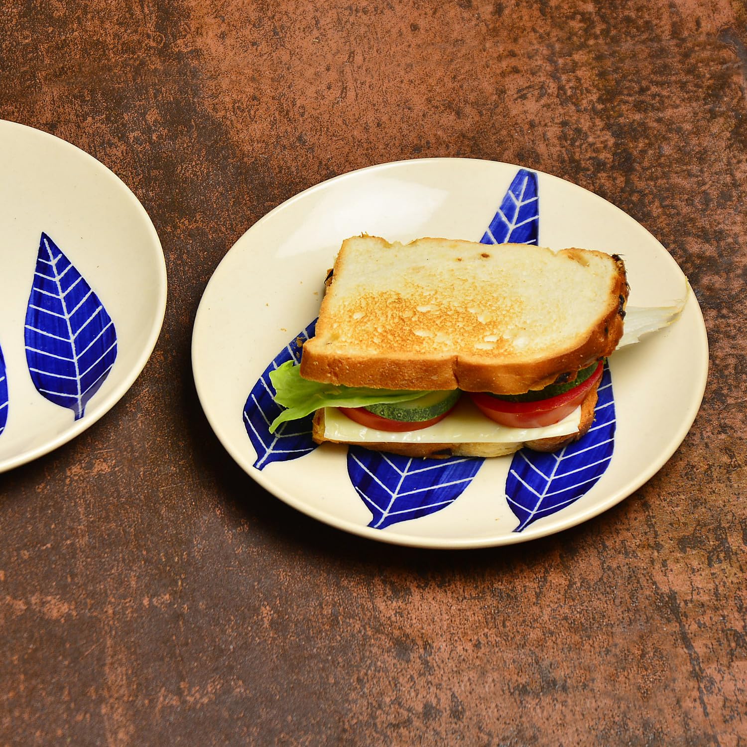 Hand Painted Ceramic Blue Leaf Quarter Plates Set Of 4 - 7 Inches, Blue & White | Dishwasher Safe Small Side Plates - Microwave Safe Snack Plates