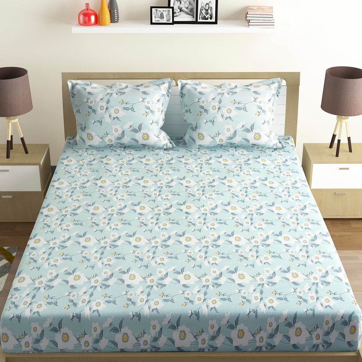 Cotton Rich Double Bedsheet With 2 Pillow Covers - 82 X 84 Inches, Light Blue & White | Skin Friendly Fabric For Everyday Comfort - Perfect Gifting For Wedding Anniversary