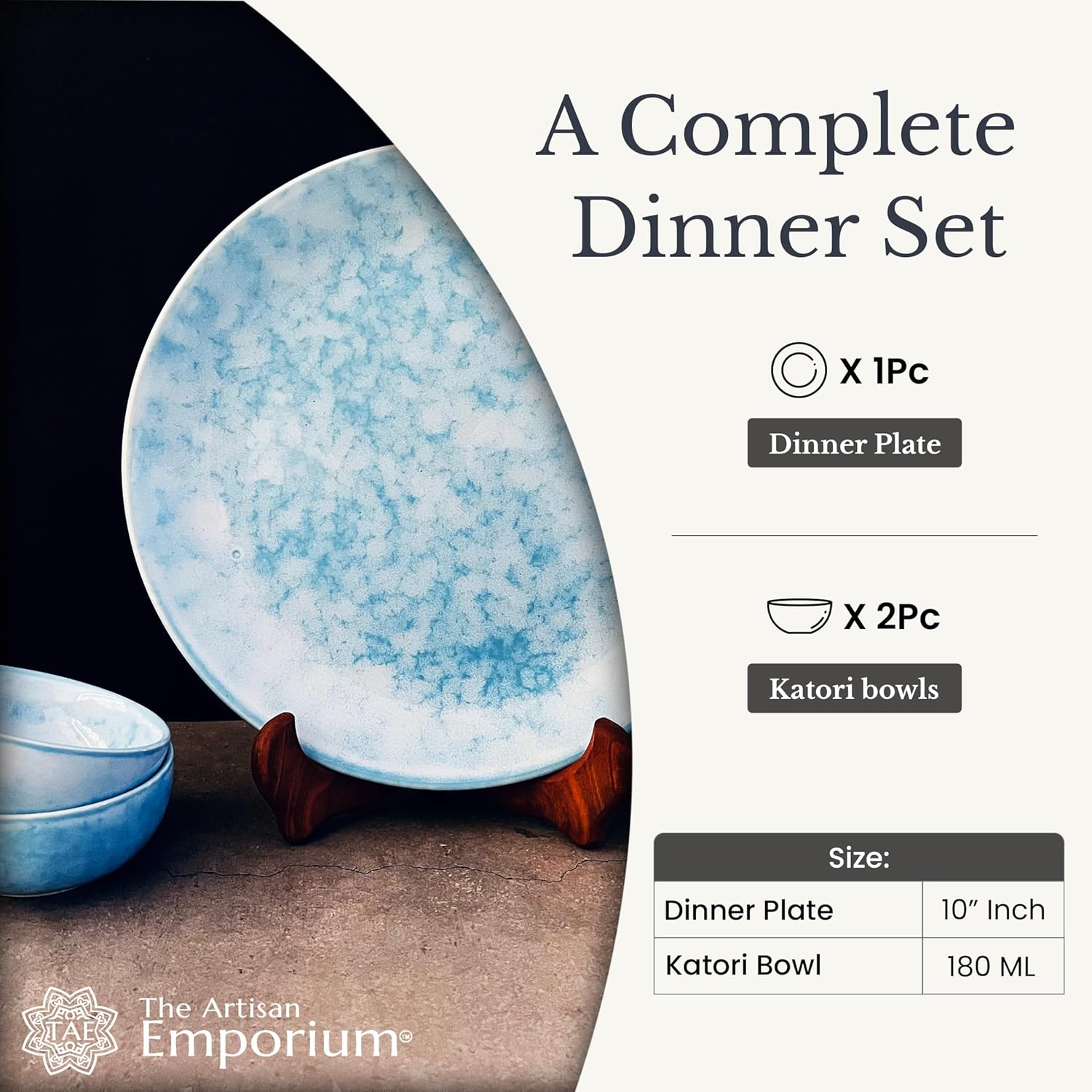 Neelam Handcrafted Ceramic Dinner Set - 3 Pieces, Blue | 1 Dinner Plate + 2 Katori Bowls, 180ml Each Dinnerware Set | Serving For 1, Microwave Safe & Dishwasher Safe