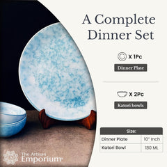 Neelam Handcrafted Ceramic Dinner Set - 3 Pieces, Blue | 1 Dinner Plate + 2 Katori Bowls, 180ml Each Dinnerware Set | Serving For 1, Microwave Safe & Dishwasher Safe