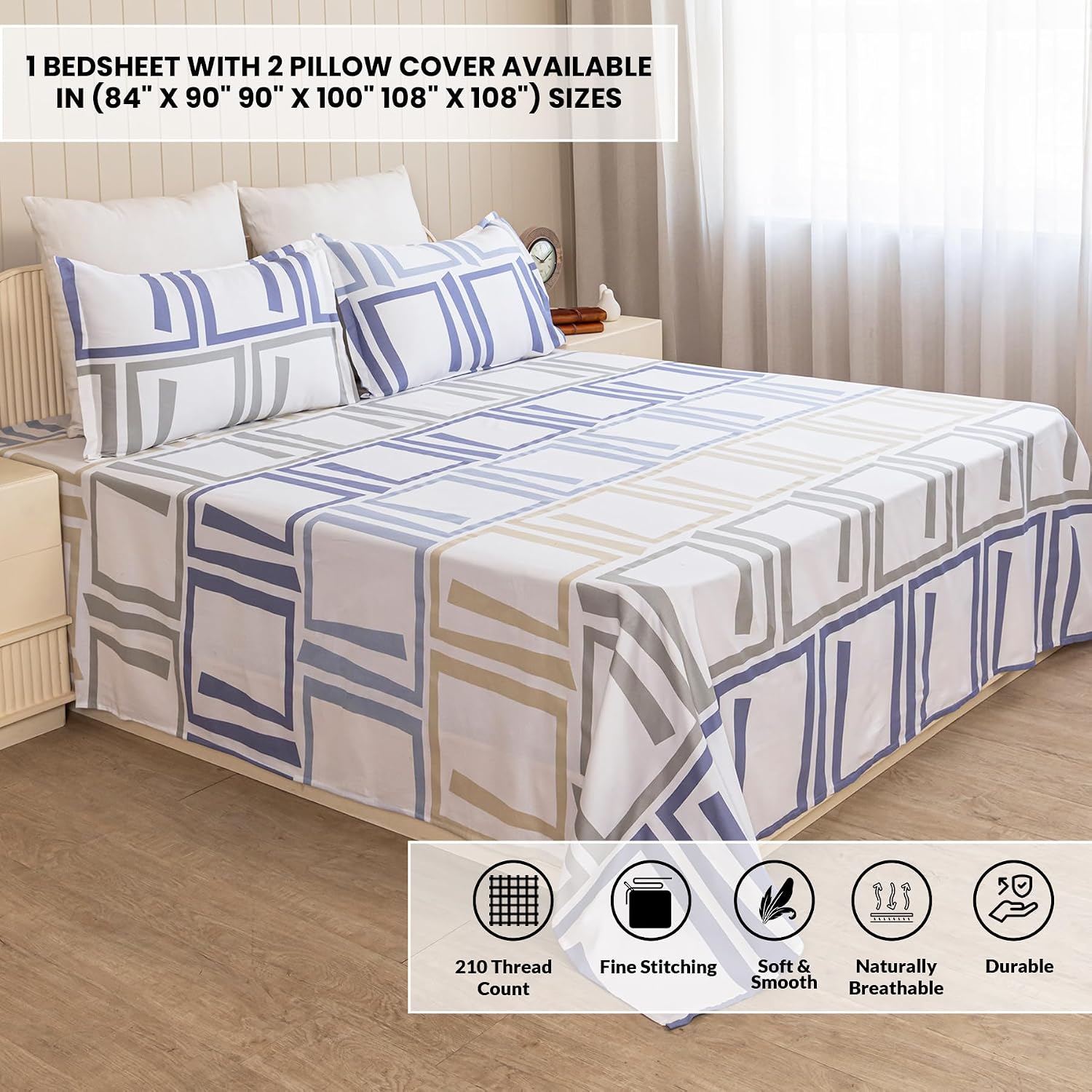 Printed Flat Double Bedsheet With 2 Pillow Covers - 84 X 90 Inches, Blue & Grey | Soft Breathable & Wrinkle Free | 210 Thread Count