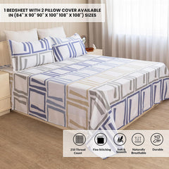 Printed Flat Double Bedsheet With 2 Pillow Covers - 84 X 90 Inches, Blue & Grey | Soft Breathable & Wrinkle Free | 210 Thread Count