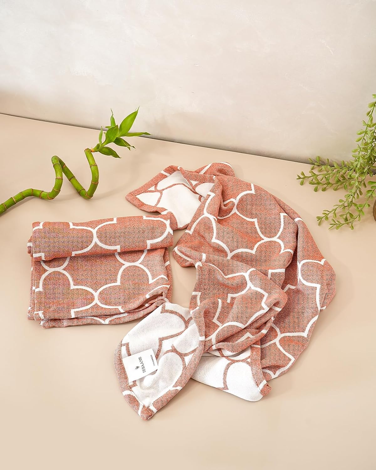 Debaans Bamboo Hand Towels 400 Gsm | Ultra Soft, Quick Dry, Antibacterial | Multiple Colors & Designs (Quatrefoil Rust) - Set Of 2
