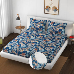 Elastic Fitted Double Bedsheets For King Size With 2 Pillow Covers - 72 X 78 X 10 Inches, Dark Blue | Premium Heavy Cotton All Around Elastic Fitted | Ideal For Hotel, Home, Bedroom