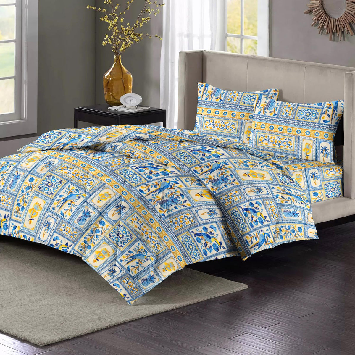 Cotton King Size Double Bedsheet 1 AC Comforter & 2 Pillow Covers | 90 X 100 Inches, Beige & Blue - Perfect Gift Set Wedding, Anniversary
