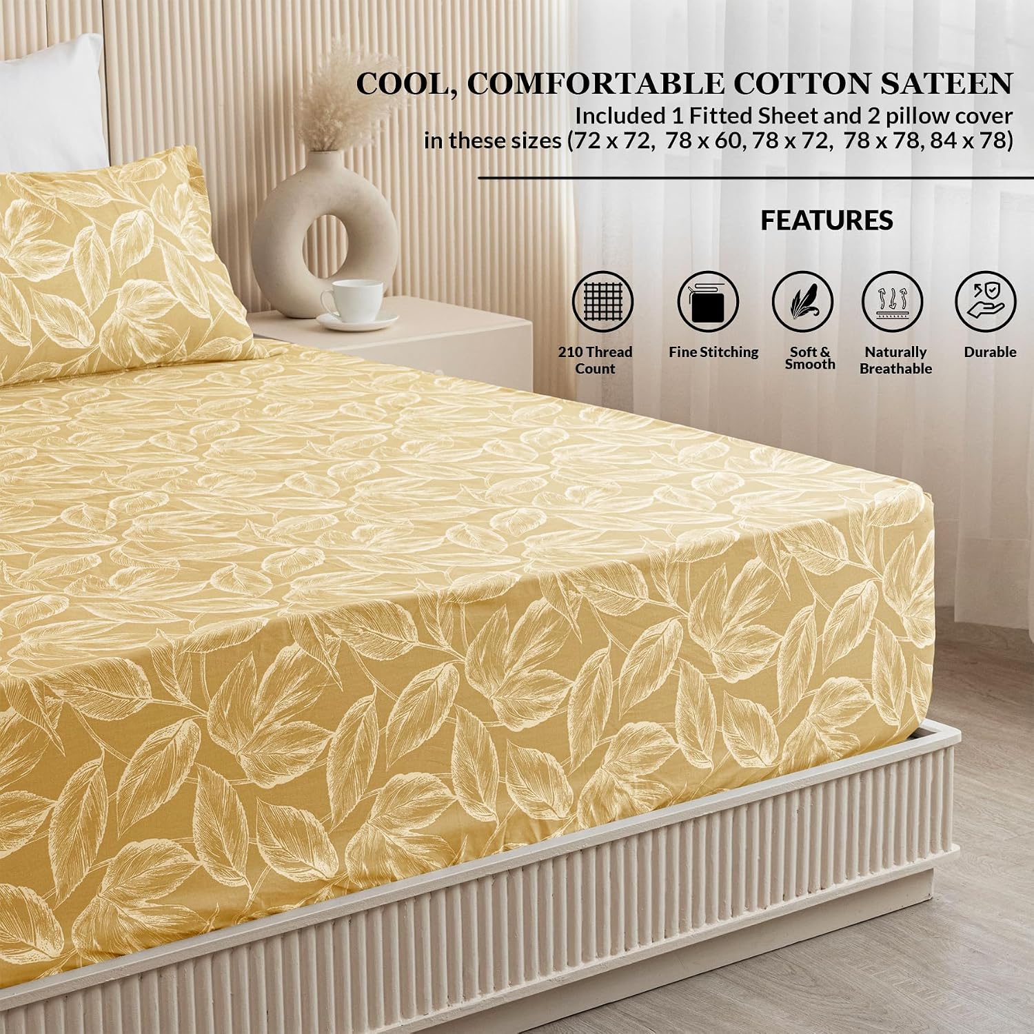 Premium Cotton 210 TC Queen Size Bedsheet With 2 Pillow Cover - 78 X 78 Inches, Golden | All Around Elastic Fitted | Super Soft & Breathable