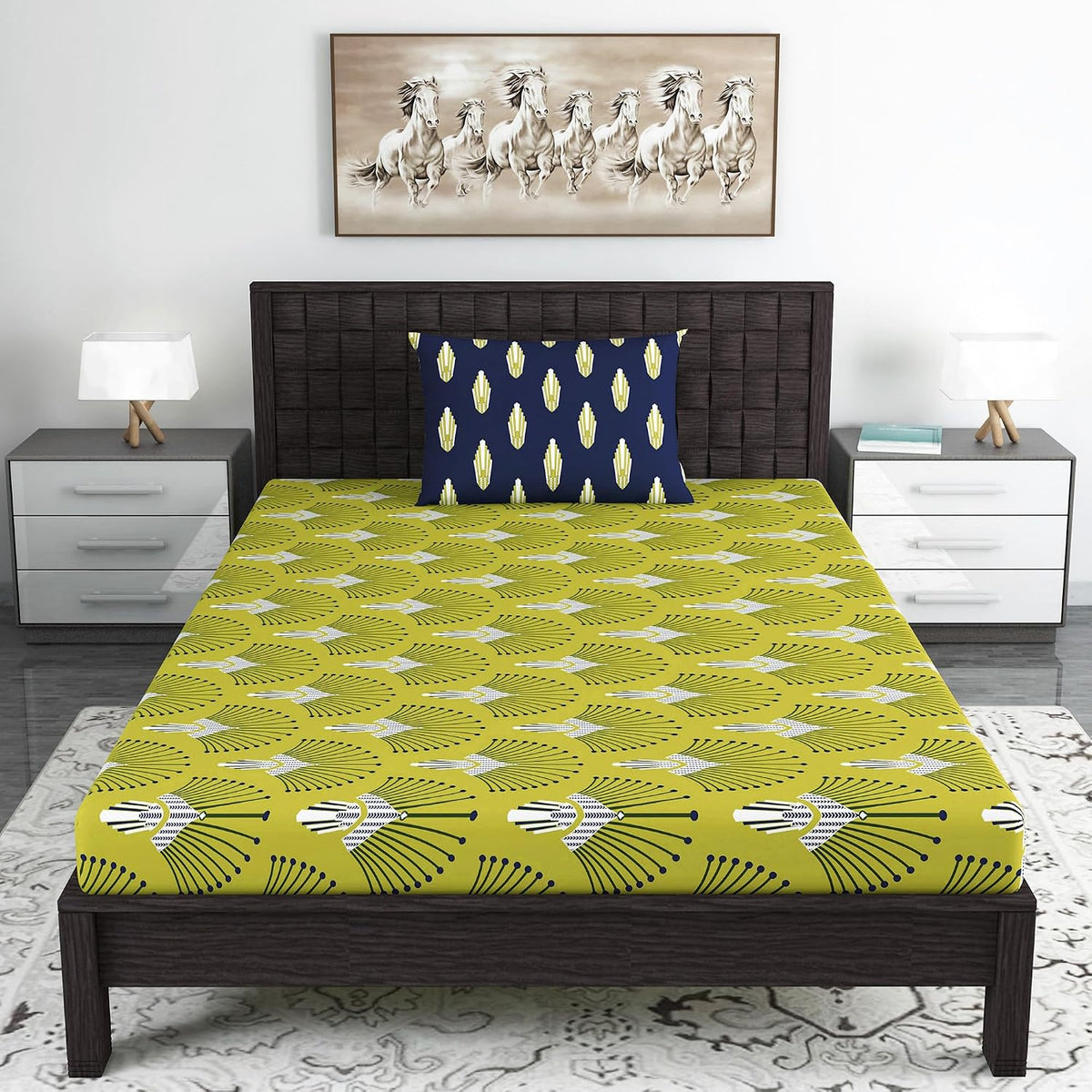 1 Single Bedsheet With 1 Pillow Cover - 57 X 87 Inches, Blue & Green | Skin Friendly Fabric For Everyday Use - Soft, Breathable & Comfortable Sleeping