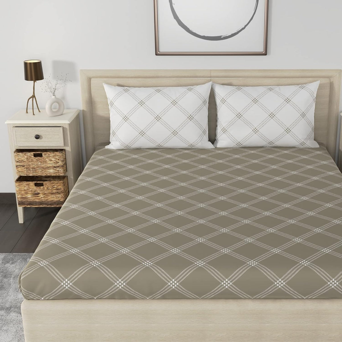 Premium Cotton Bedsheet For Double Bed King Size With 2 Pillow Covers - (108 X 108 Inches) Brandon Beige & White | Ideal For All Season Comfortable Bedsheet
