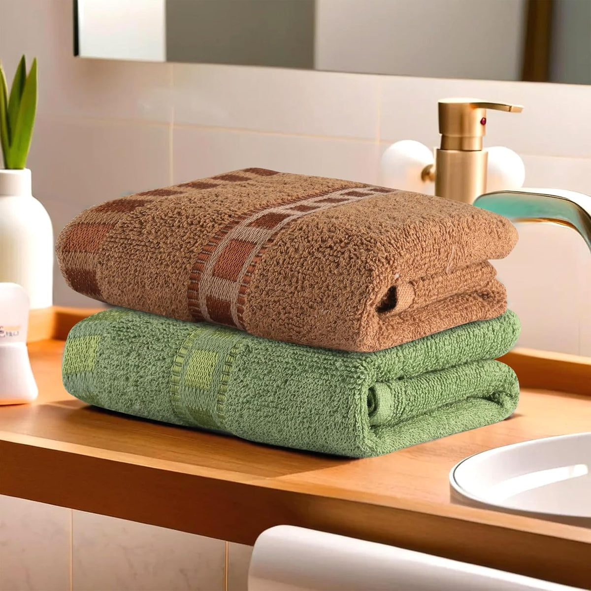 Heart Home Cotton Hand & Face Towels 400 Gsm | For Men & Women Easily Washable Workout Gym Towel - Green & Golden (Pack Of 2)