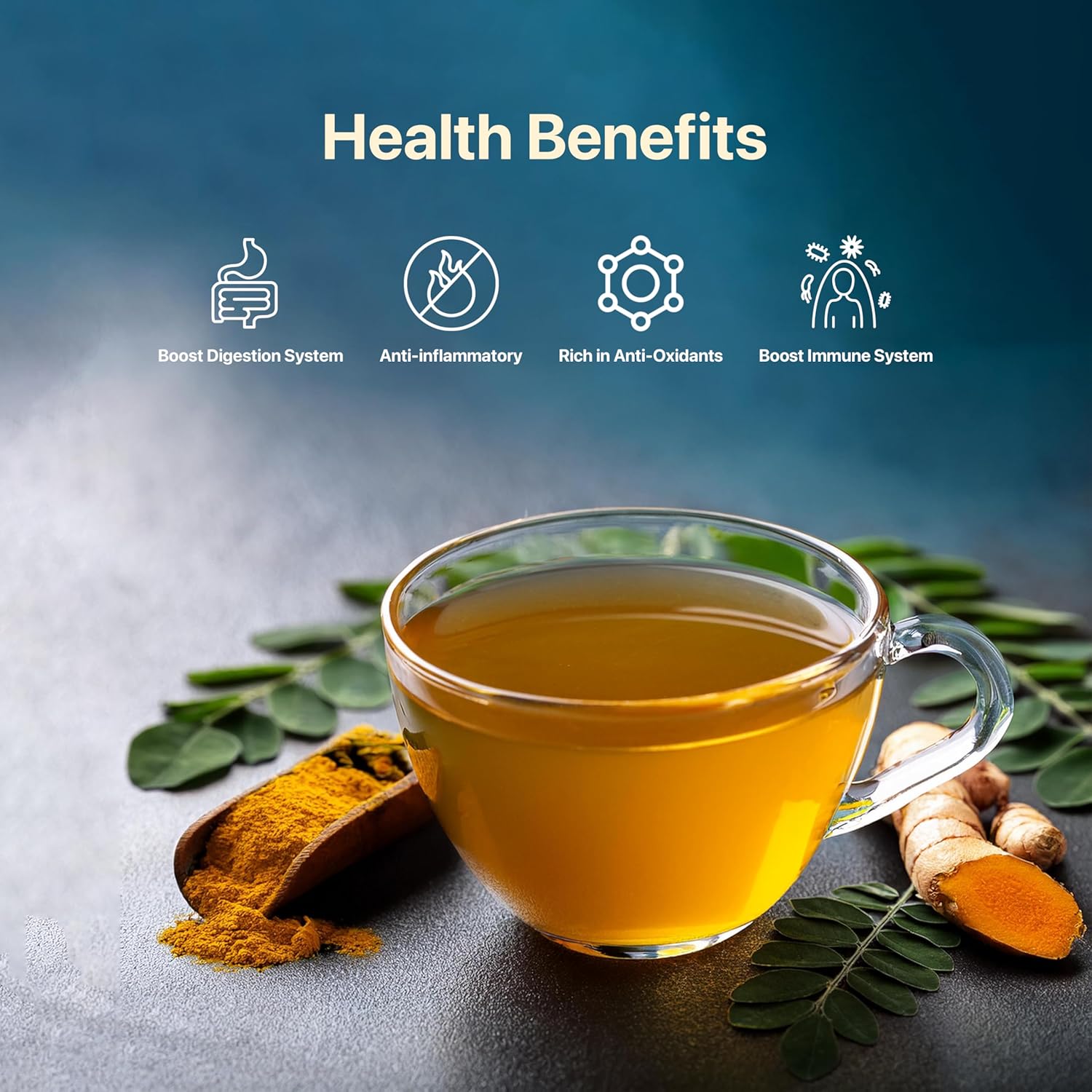 Blue Tea Curcumin Rich Turmeric Moringa Herbal Tea - 15 Pyramid Tea Bags In Reusable Tin Pack | Enhances Immune System - Caffeine Free, Gluten Free, Non-GMO
