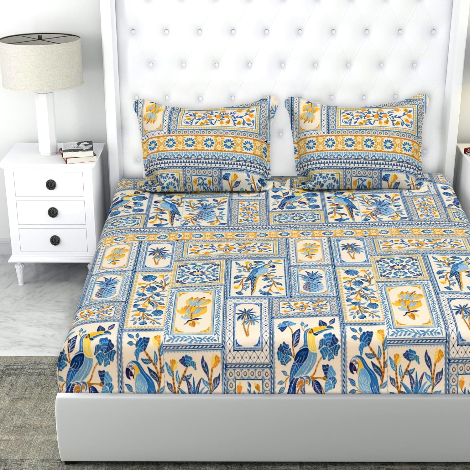 Cotton King Size Double Bedsheet 1 AC Comforter & 2 Pillow Covers | 90 X 100 Inches, Beige & Blue - Perfect Gift Set Wedding, Anniversary