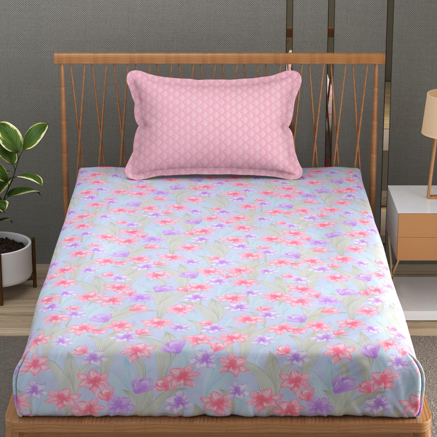 Soft Cotton Single Size Bedsheet With 1 Pillow Cover | 60 X 90 Inches, Blue & Pink | Anti-Fade Printed Design | 200 Thread Count