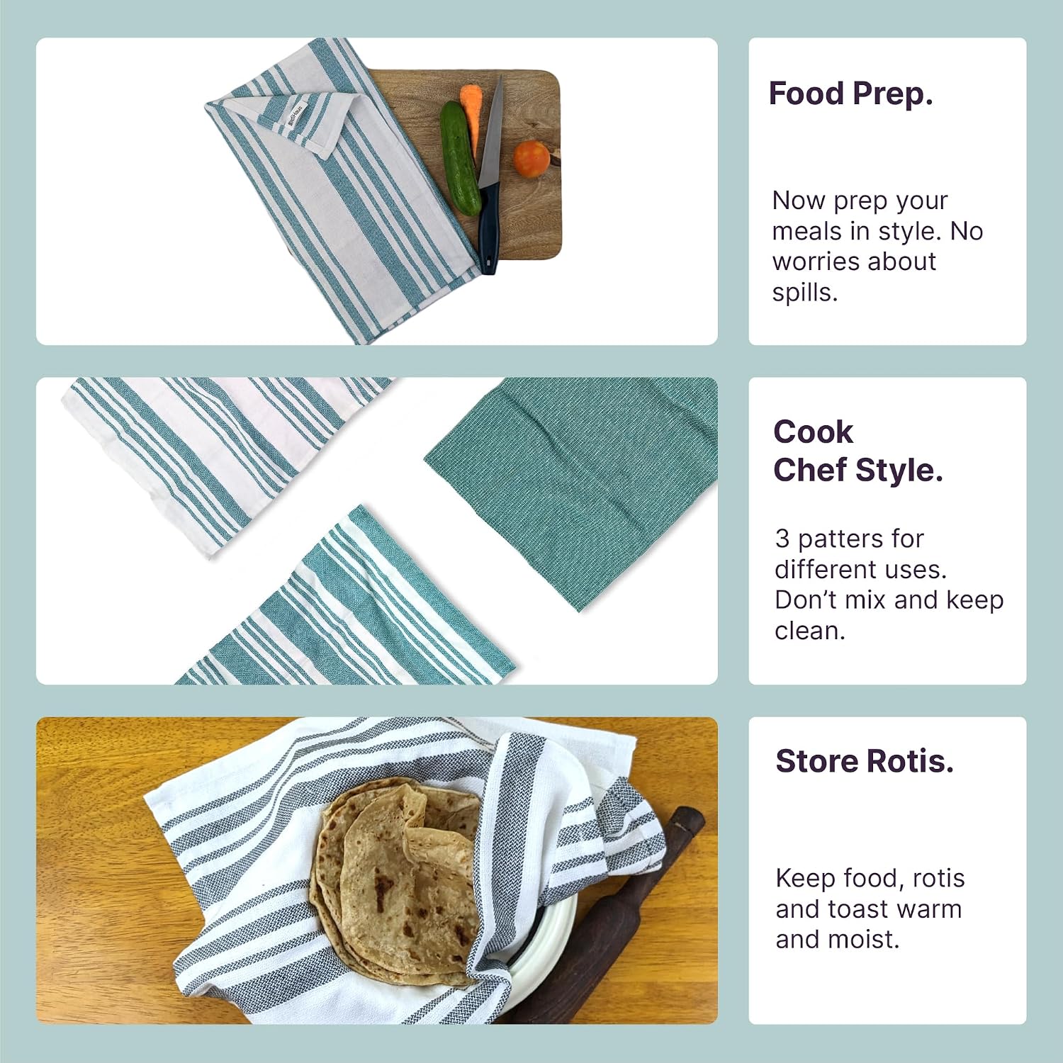 Indihaus Cotton Multi-Purpose Kitchen Hand Towels 370 Gsm | Waffle & Stripes Lunch, Dish Towel (Ocean Teal)- Pack Of 6