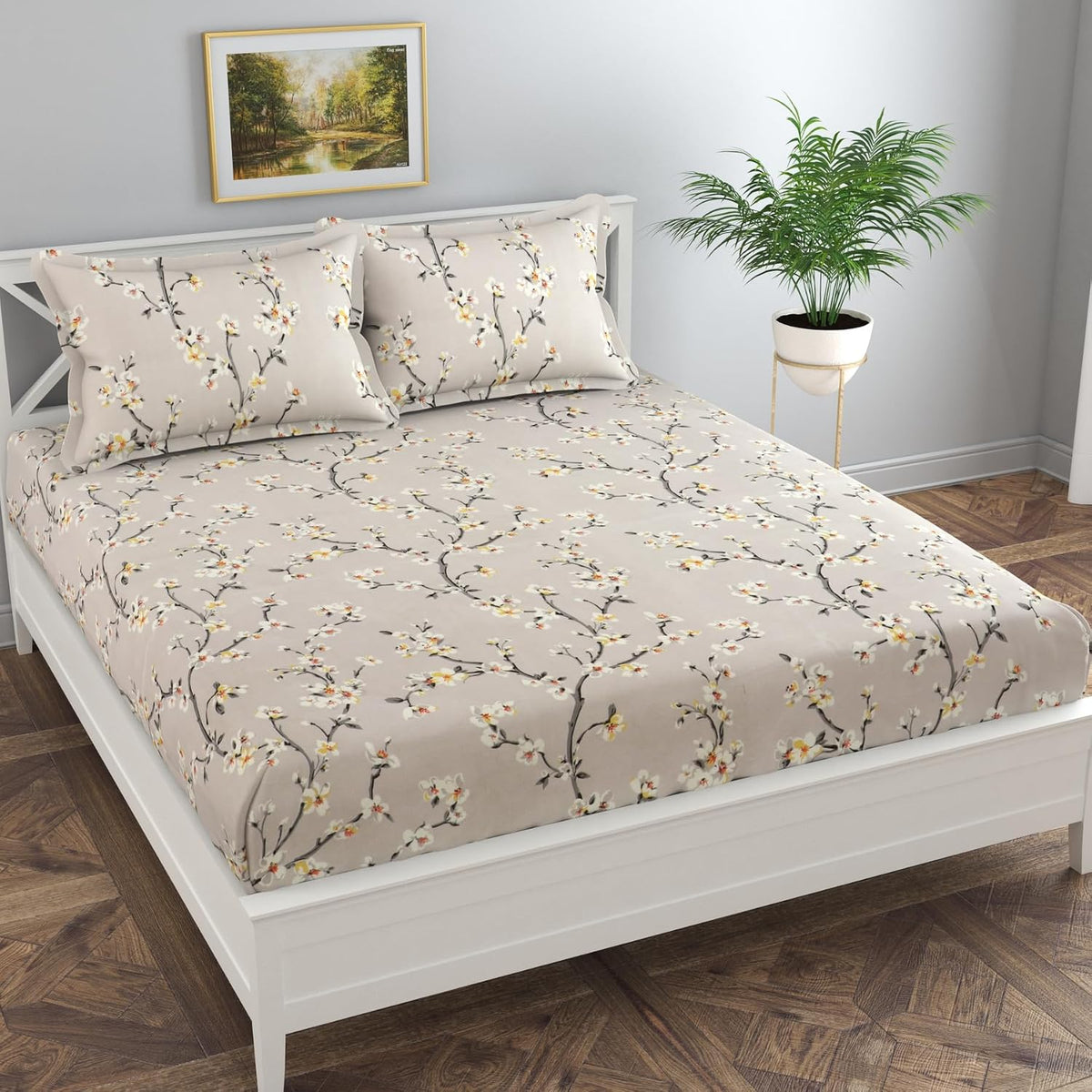 Microfiber Floral Fitted Bedsheet With 2 Pillow Covers - 72x78+10 Inch, Grey | Lightweight, Washable & Fade-Resistant Bedsheet Designed For Daily Use