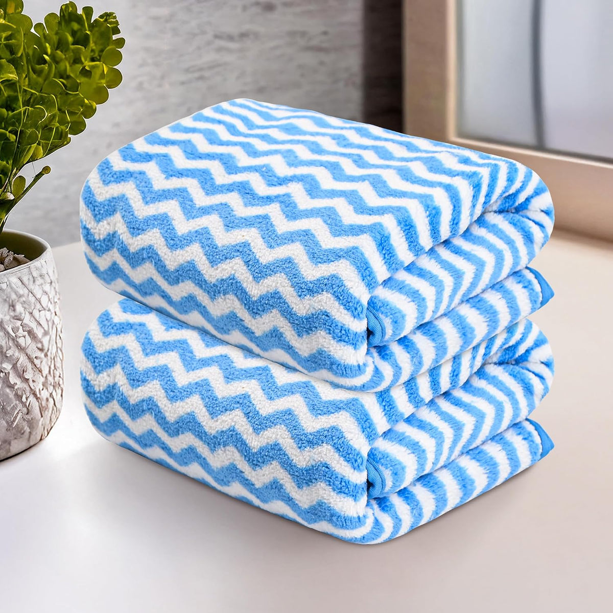 Heart Home Microfiber Soft Face Towels 500 Gsm | Quick Dry & Absorbent Hanging Hand Towels Zig Zag - Blue (Pack Of 2)