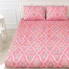 Printed King Size Double Bedsheet With 2 Large Pillow Cover - Size 72 X 78 X 14 Inches, Pink | Cotton Elastic Fitted All Around Bedsheet - Breathable & Wrinkle Free