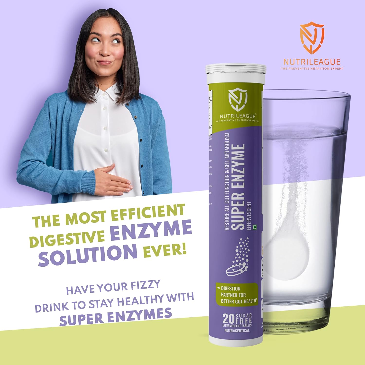 Nutrileague Super Enzyme Quick Relief Indigestion,100% Natural, Alpha Galactosidase, Lipase, Protease, Lactase Better Metabolism & Gut Health | 20 Effervescent Tablet, 100gm 0.2lbs Each Pack Of 4