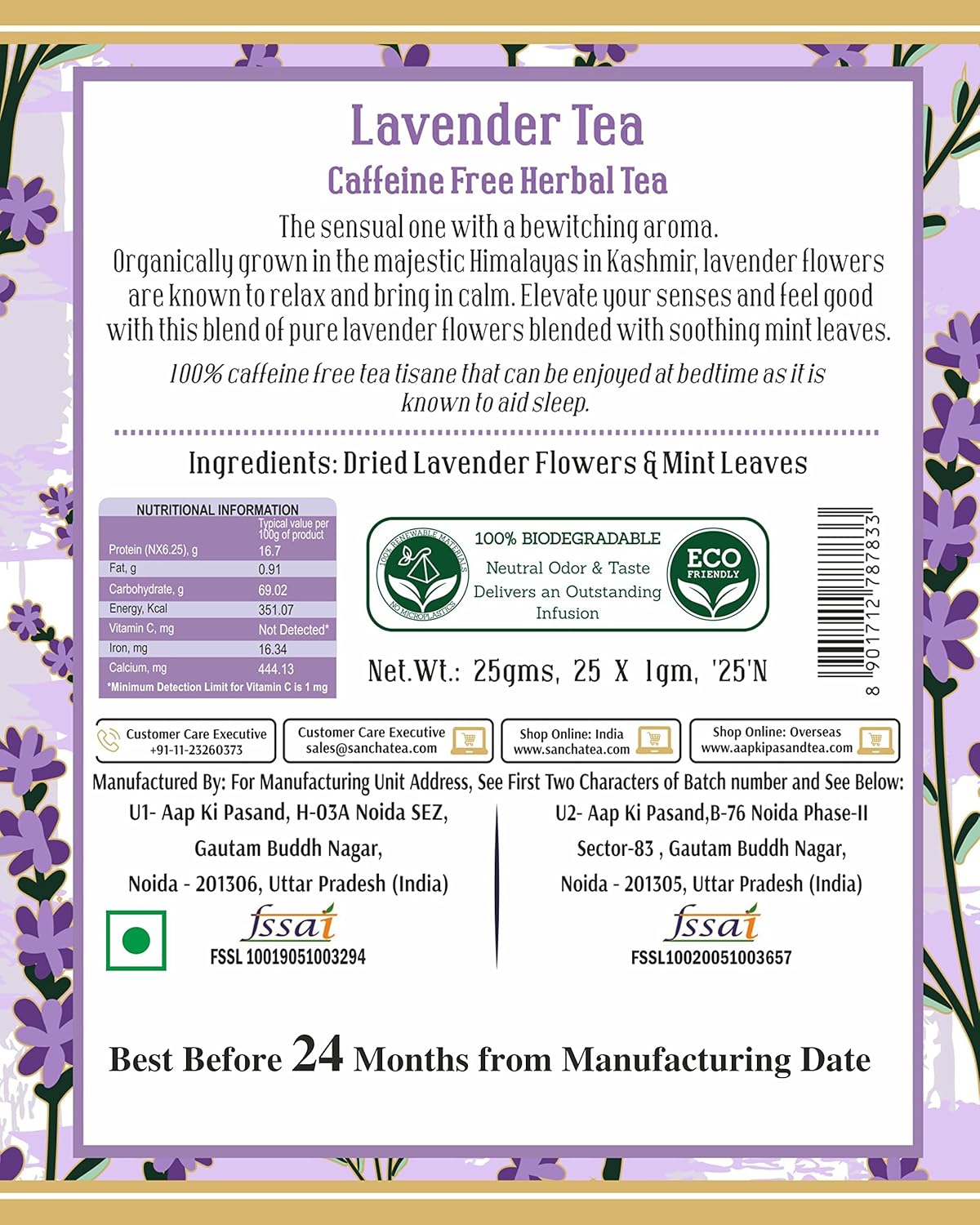 San-Cha Lavender Herbal Tea - 25 Biodegradable Pyramid Tea Bags | Stress Relieving & Calming Herbal Tea - Sun Dried Lavender Flowers, Caffeine Free
