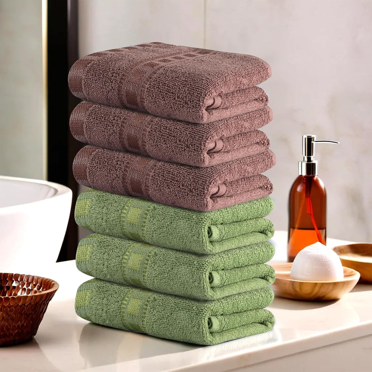 Heart Home Cotton Hand & Face Towels 1200 Gsm | For Men & Women Easily Washable Workout Gym Towel - Green & Brown (Pack Of 6)
