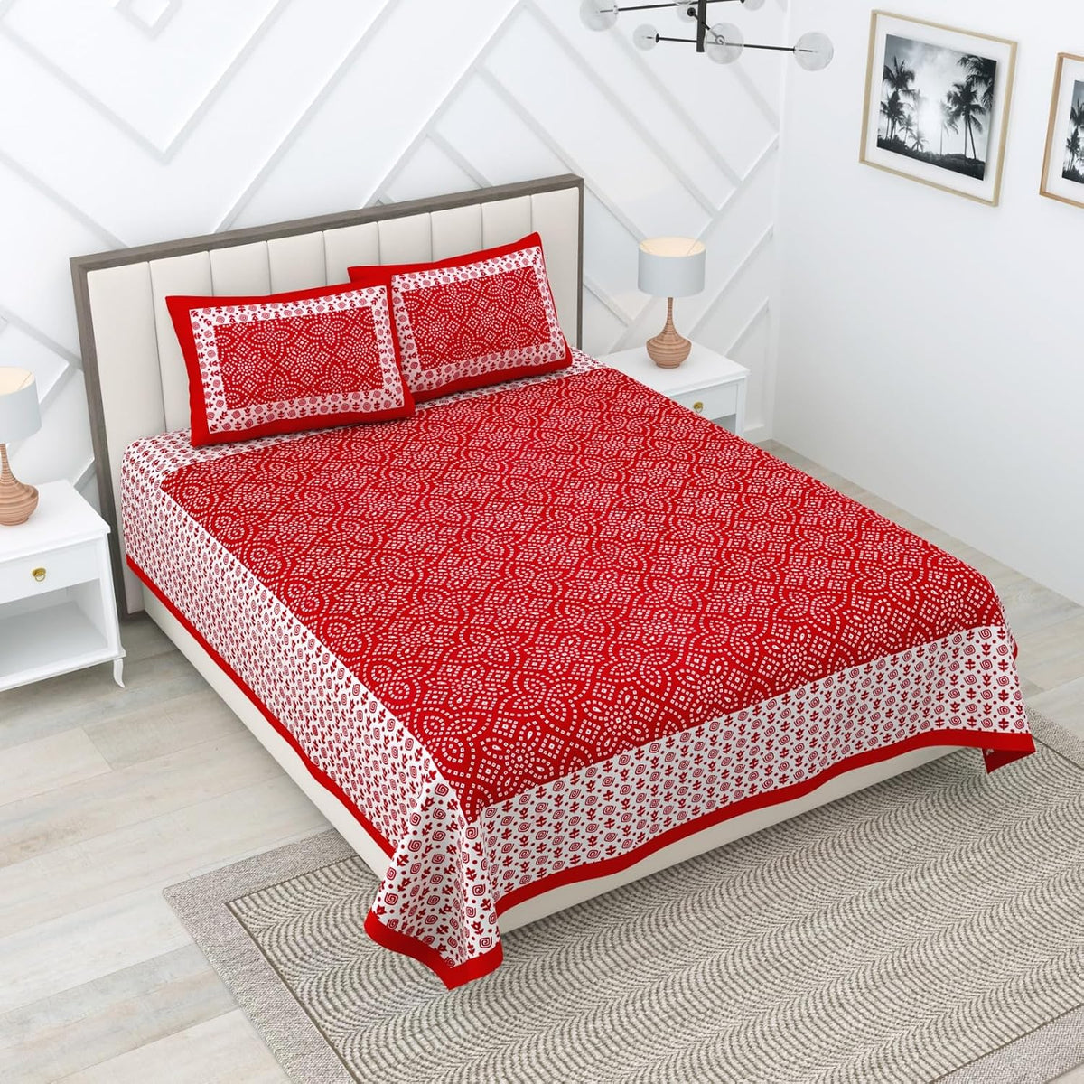 Jaipuri Bedsheets For Double Bed King Size With 2 Pillow Covers - 90 X 100 Inches, Red & White | Soft & Durable For Everyday Use & Bedroom - All Season Comfort