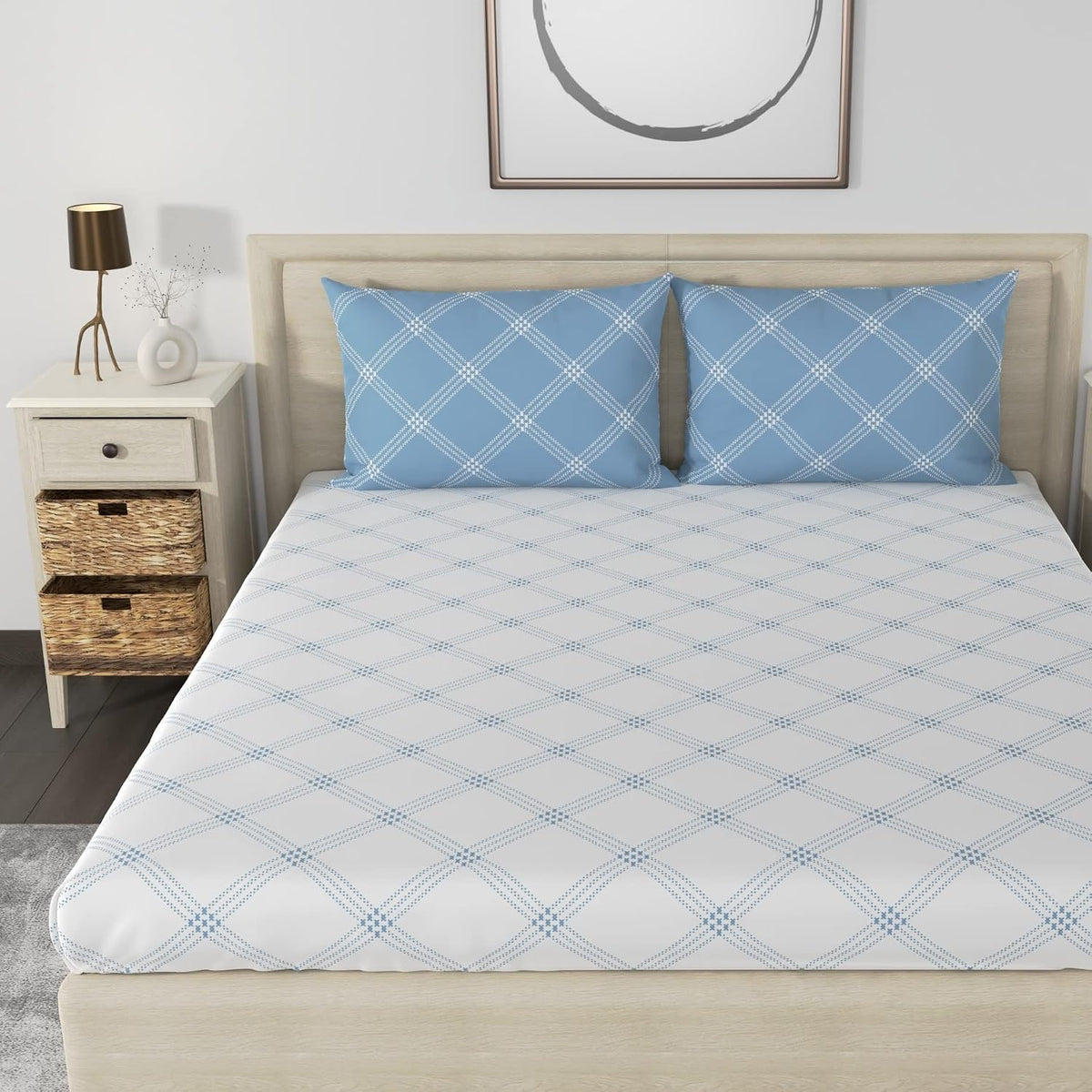 Premium Cotton Bedsheet For Double Bed King Size With 2 Pillow Covers - (108 X 108 Inches) White & Blue | Ideal For All Season Comfortable Bedsheet