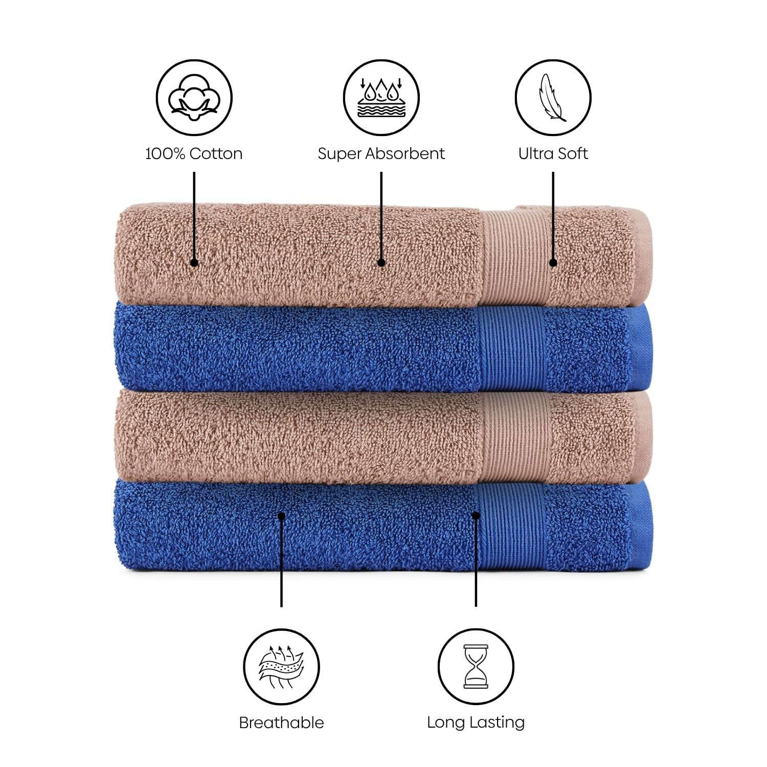 Haus & Kinder Harmony Combed Hand Towel 500 Gsm | Ultra Soft, Absorbent 100% Cotton Towels For Men & Women | Cobalt & Almond (Pack Of 4)